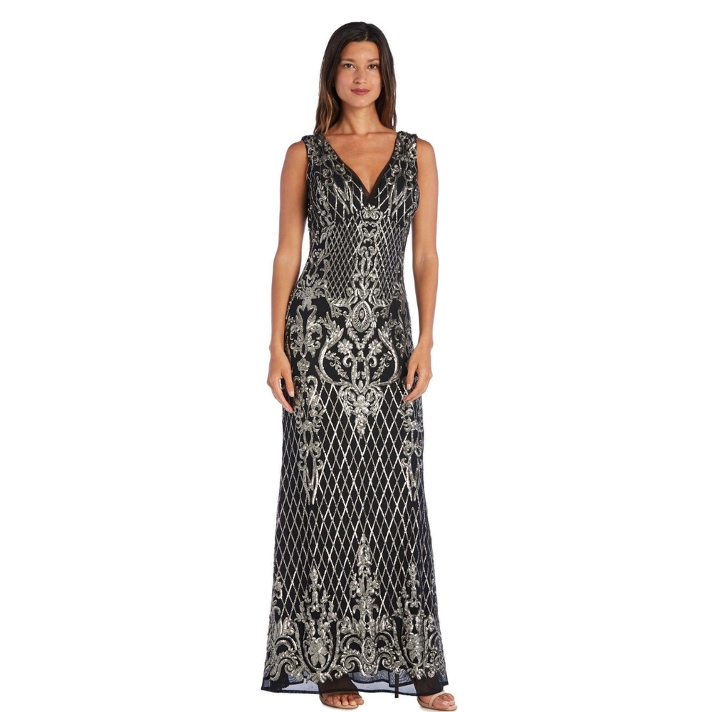 R & M Richards Black and Silver Maxi Dress